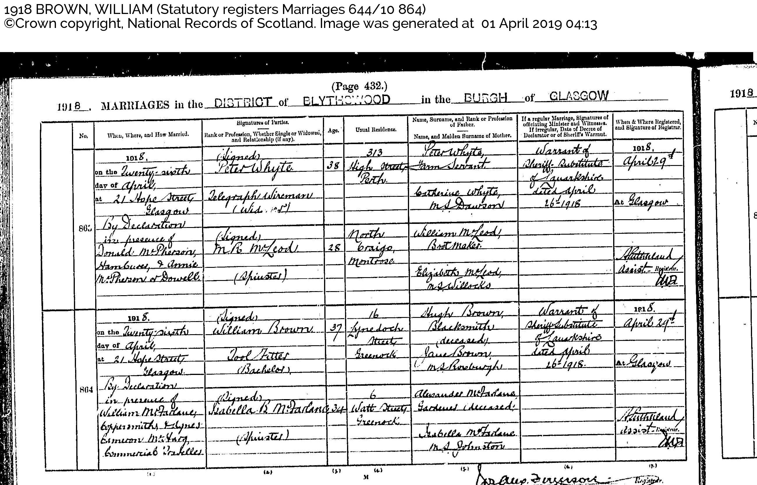 1918 BROWN, WILLIAM (Statutory registers Marriages 644:10 864)