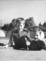 Hugh & Trapper, Jan 1966, Mitchell Park Playground, Palo Alto